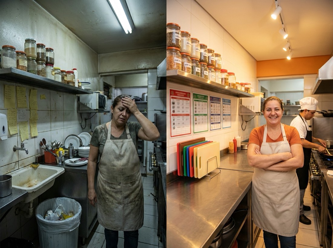 Antes e depois: à esquerda, cozinha bagunçada, sem etiquetas e com comida no lixo; à direita, a mesma cozinha organizada, com placas de padronização na parede, potes etiquetados e tábuas por cor